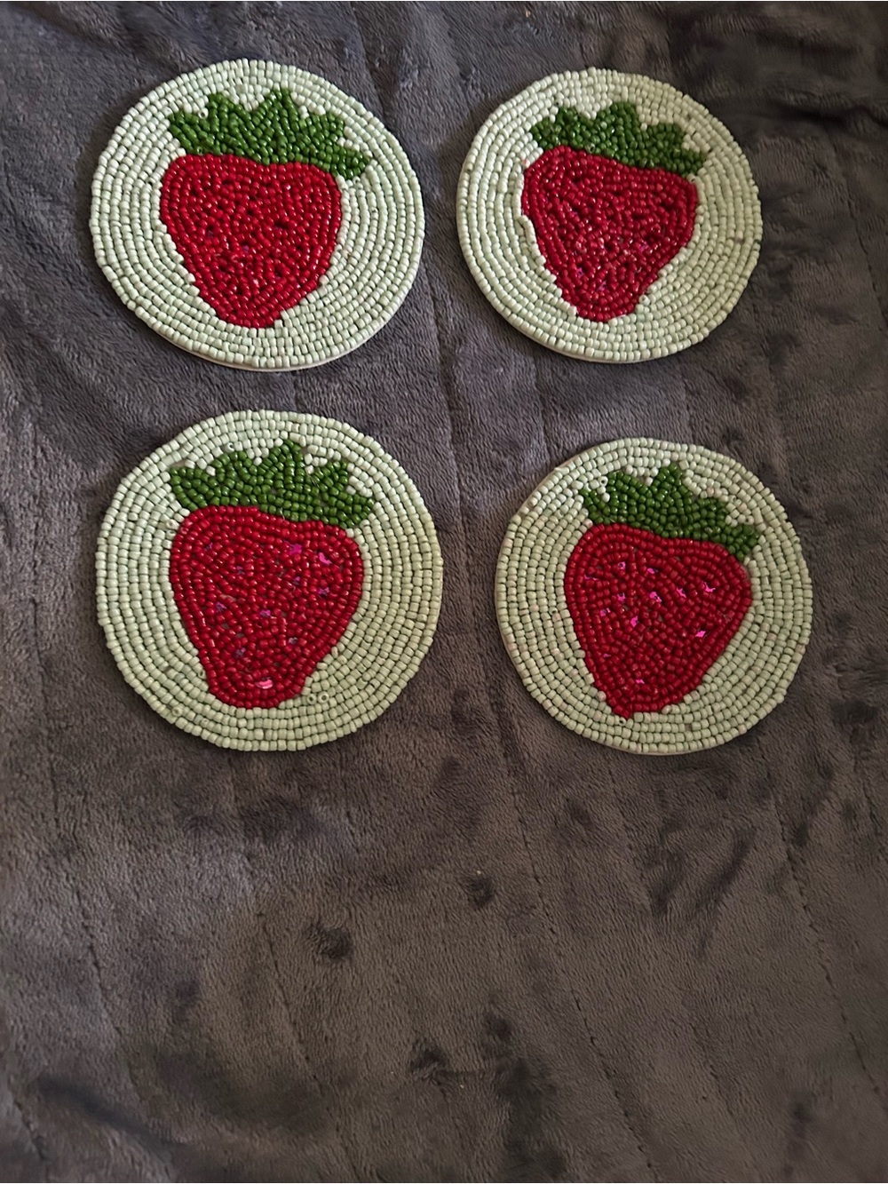 Handmade Beaded Strawberry Coasters - Set of 4 - Red & Green